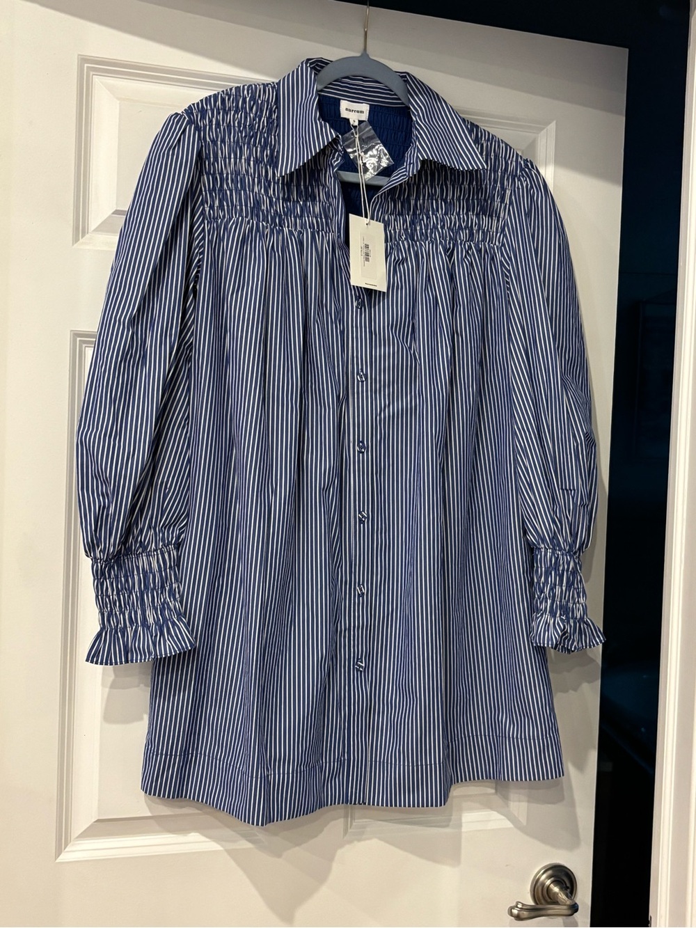 AUREUM Navy and White Striped Casual Button-Down Shirt dress mini